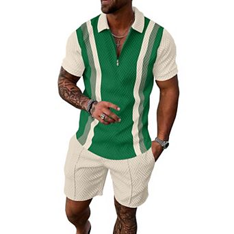 2 pc Mens Summer Track Suits Striped Short Sleeve Polo Shorts Set