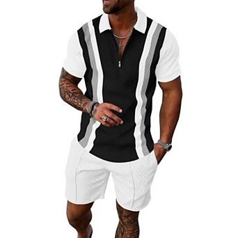 2 pc Mens Summer Track Suits Striped Short Sleeve Polo Shorts Set