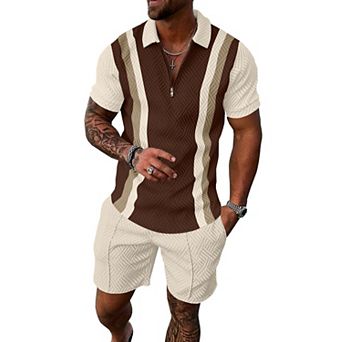 2 pc Mens Summer Track Suits Striped Short Sleeve Polo Shorts Set