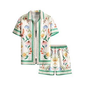 2 pc Men's Summer Short Sleeve Floral Shirt Shorts Set Casual Resort Wear