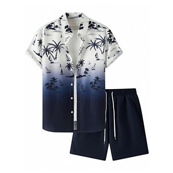 2 pc Men's Summer Short Sleeve Floral Shirt Shorts Set Casual Resort Wear