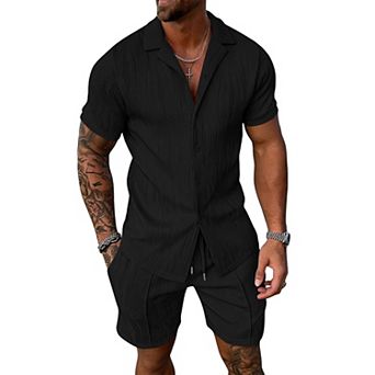 2 pc Men Summer Casual Short Sleeve Shirt Shorts Set Vacation Beach Tracksuit