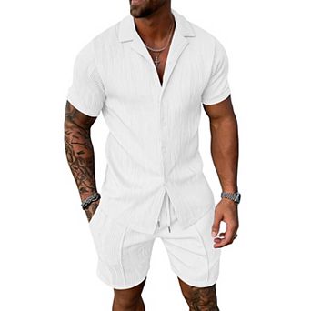 2 pc Men Summer Casual Short Sleeve Shirt Shorts Set Vacation Beach Tracksuit