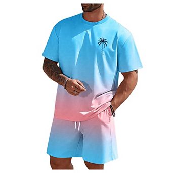 Men's 2 pc Tropical Graphic Short Sleeve Tee Shorts Set Casual Summer Vacation Wear