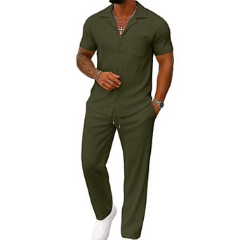 Mens 2 pc Summer Casual Outfits Short Sleeve Shirt Loose Pants Tracksuit