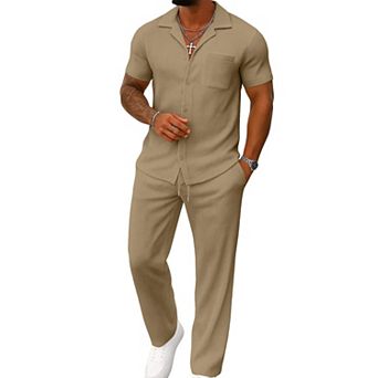Mens 2 pc Summer Casual Outfits Short Sleeve Shirt Loose Pants Tracksuit