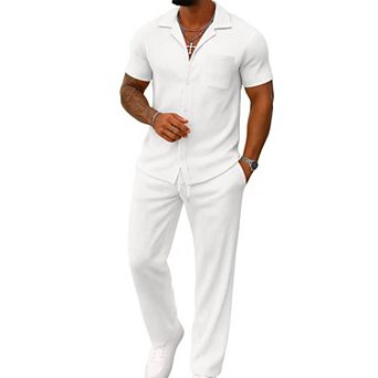Mens 2 pc Summer Casual Outfits Short Sleeve Shirt Loose Pants Tracksuit