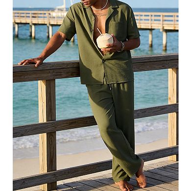 Mens 2 Pcs Summer Beach Casual Loose Button Down Shirt Pant Set