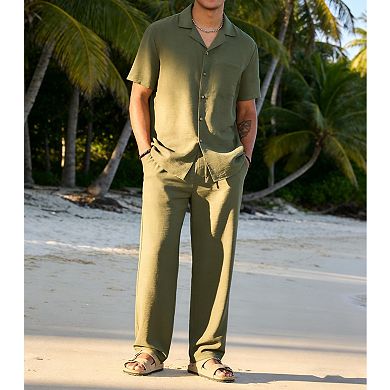 Mens 2 Pcs Summer Beach Casual Loose Button Down Shirt Pant Set