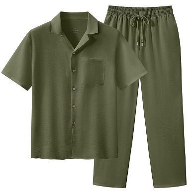 Mens 2 Pcs Summer Beach Casual Loose Button Down Shirt Pant Set