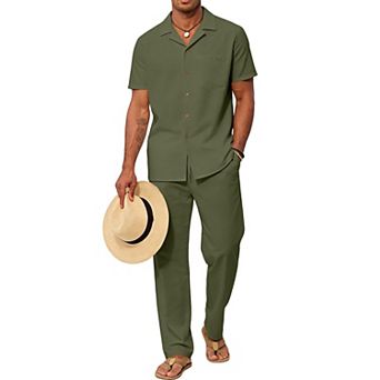 Mens 2 pc Summer Beach Casual Loose Button Down Shirt Pant Set