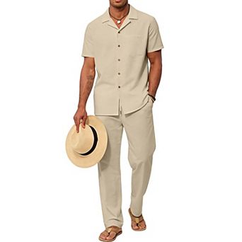 Mens 2 pc Summer Beach Casual Loose Button Down Shirt Pant Set