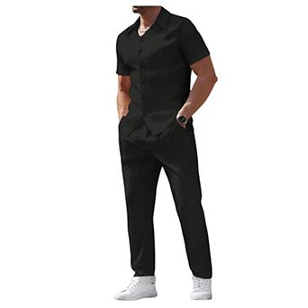 Men's 2 pc Summer Short Sleeve Shirt Pants Golf Outdoor Casual Set
