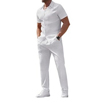 Men's 2 pc Summer Short Sleeve Shirt Pants Golf Outdoor Casual Set