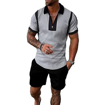 2 pc Men Summer Casual Tracksuit Short Sleeve Polo Shirt Shorts Set