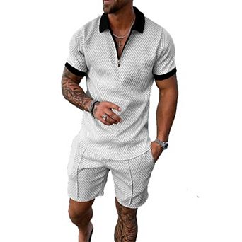 2 pc Men Summer Casual Tracksuit Short Sleeve Polo Shirt Shorts Set