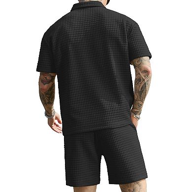 2 Pcs Waffle Texture Polo Shirt Summer Casual Tracksuits