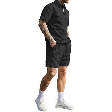 2 Pcs Waffle Texture Polo Shirt Summer Casual Tracksuits
