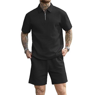 2 Pcs Waffle Texture Polo Shirt Summer Casual Tracksuits