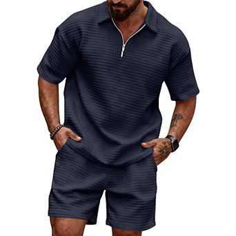 2 pc Waffle Texture Polo Shirt Summer Casual Tracksuits