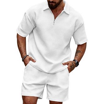 2 pc Waffle Texture Polo Shirt Summer Casual Tracksuits