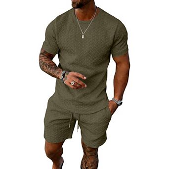 2 pc Casual Track Suit Set Crew Neck Shirt Vacation Shorts