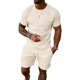 2 pc Casual Track Suit Set Crew Neck Shirt Vacation Shorts