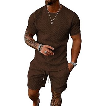 2 pc Casual Track Suit Set Crew Neck Shirt Vacation Shorts