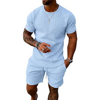 2 pc Casual Track Suit Set Crew Neck Shirt Vacation Shorts