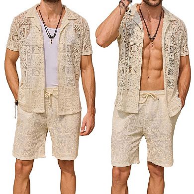 Men's 2 Pcs Lace Patchwork Short Set Bohemian Summer Outfits