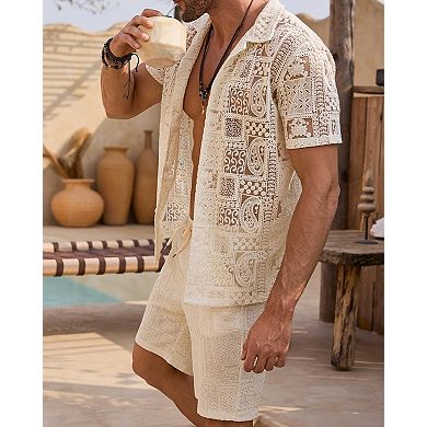 Men's 2 Pcs Lace Patchwork Short Set Bohemian Summer Outfits