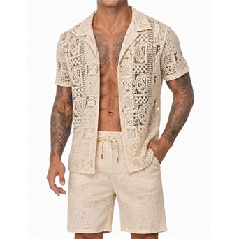 Men's 2 pc Lace Patchwork Short Set Bohemian Summer Outfits
