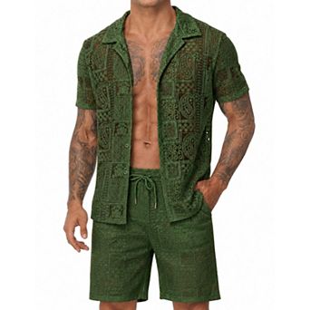 Men's 2 pc Lace Patchwork Short Set Bohemian Summer Outfits