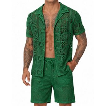 Men's 2 pc Lace Patchwork Short Set Bohemian Summer Outfits