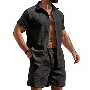 Men's 2 pc Summer Outfits Short Sleeve Shirt Shorts Matching Set For Beach Vacation