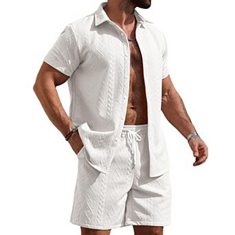 Men's 2 pc Summer Outfits Short Sleeve Shirt Shorts Matching Set For Beach Vacation