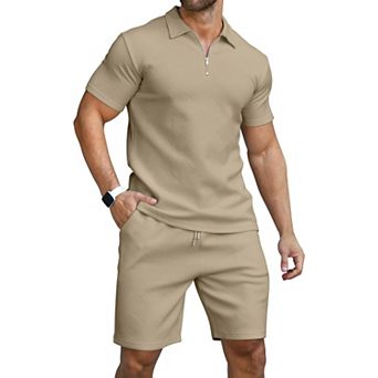 Men's 2 pc Casual Summer Tracksuit Polo Shirt Short Sleeve Athletic Sport Set