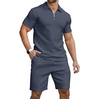 Men's 2 pc Casual Summer Tracksuit Polo Shirt Short Sleeve Athletic Sport Set
