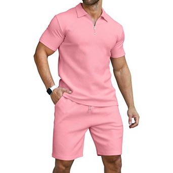 Men's 2 pc Casual Summer Tracksuit Polo Shirt Short Sleeve Athletic Sport Set
