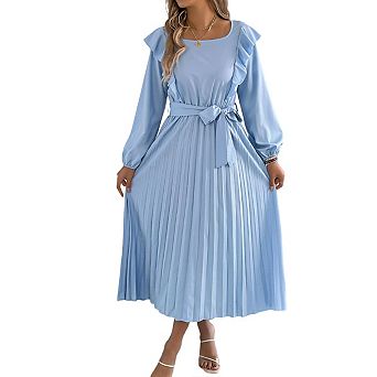Women's Ruffle Midi Tie Waist Long Sleeve Square Neck Summer Wedding Guest Party Dresses