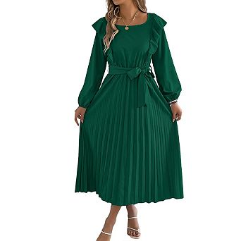 Women's Ruffle Midi Tie Waist Long Sleeve Square Neck Summer Wedding Guest Party Dresses