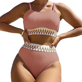 Women's High Waisted Two Piece Ribbed Bikini Sets Crop Top Cheeky Swimsuits