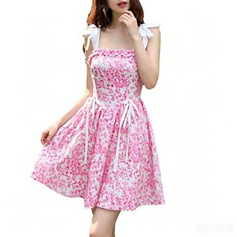 Women's Sleeveless Floral Tie Shoulder Cami Lace Up Side Vintage Flared Short Party Vacation Dresses