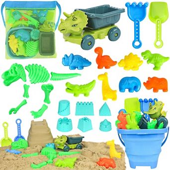 25 pc Beach Sand Toys Dump Truck Bucket Shovel Rake Dinosaur Molds Mesh Bag