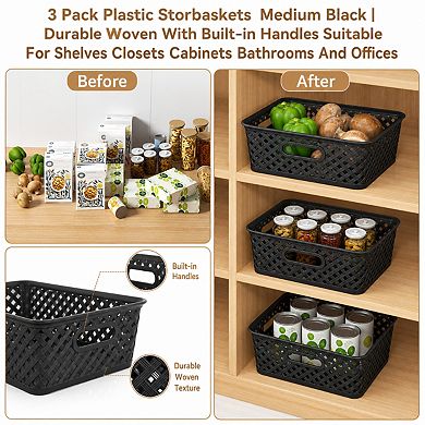 3 Pack Plastic Storage Baskets Durable Built in Handles Multi Purpose Organizer