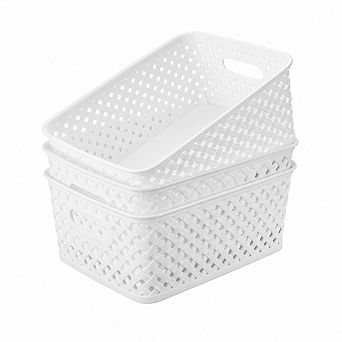 3 Pack Plastic Storage Baskets Durable Built in Handles Multi Purpose Organizer