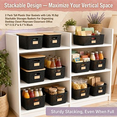 Stackable Plastic Storage Bins With Lids Handles Labels For Organizing Home Office