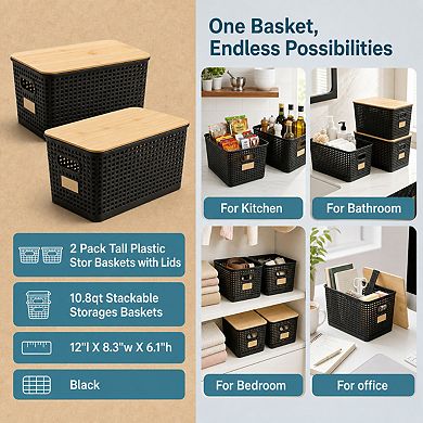 Stackable Plastic Storage Bins With Lids Handles Labels For Organizing Home Office