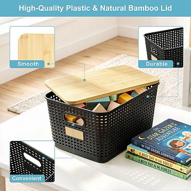 Stackable Plastic Storage Bins With Lids Handles Labels For Organizing Home Office