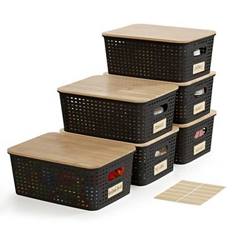 Stackable Plastic Storage Bins With Lids Handles Labels For Organizing Home Office